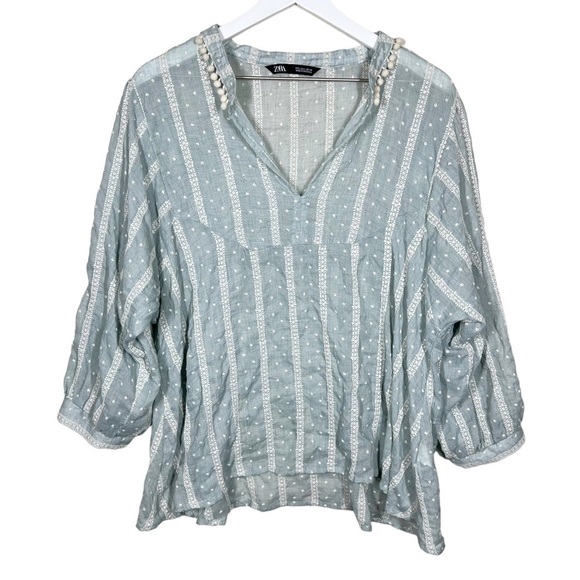 Zara Womens Green Blue Embroidered Blouse Pom Pom Collar Boho Size Large - Picture 2 of 9